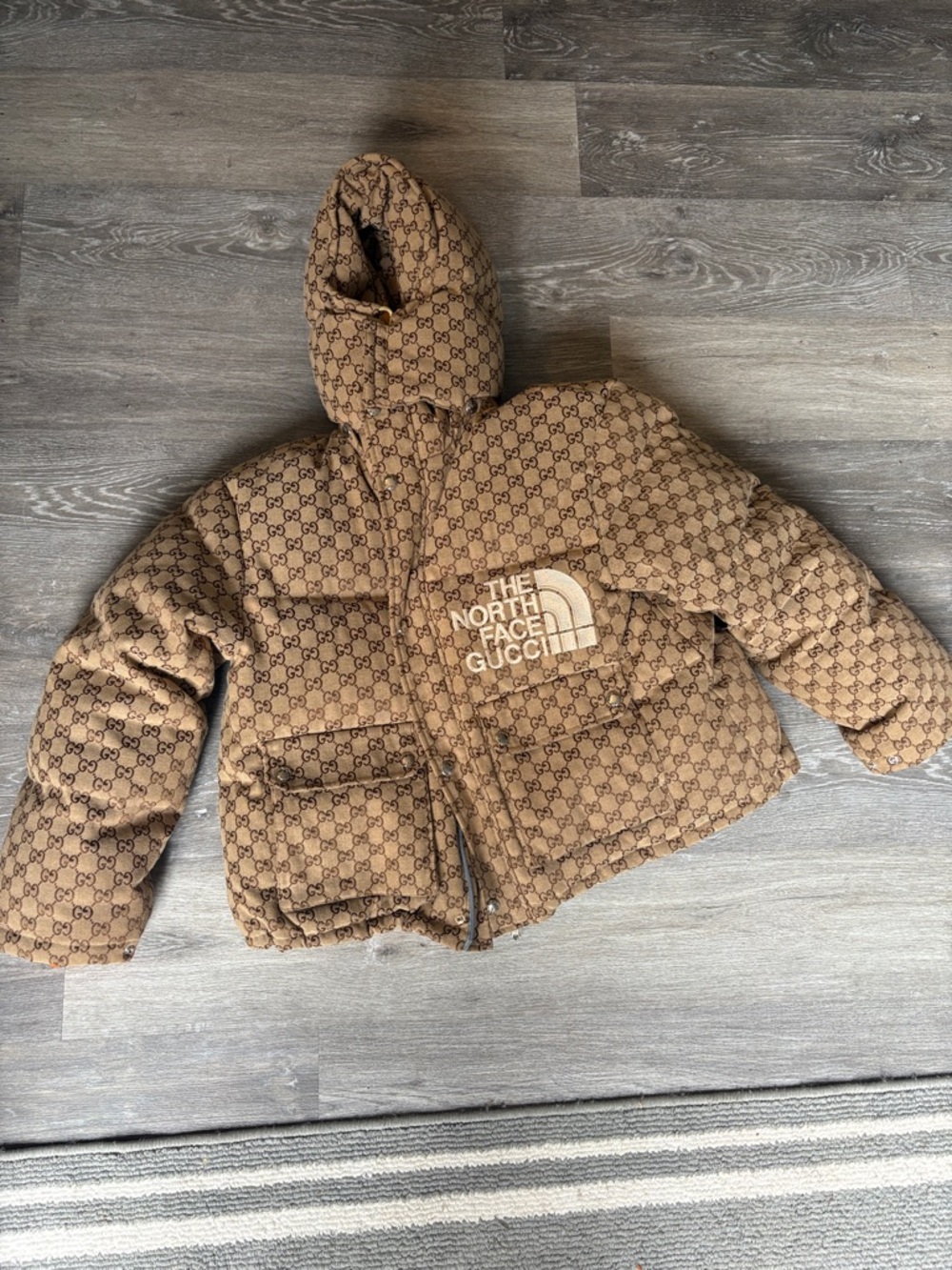 The North Face x Gucci Tan Monogram Hooded Puffer Jacket - Picture 4 of 6